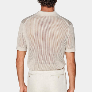 Custom Summer Short Sleeve Cotton Silk <b>Yarn</b> Dyed Solid Textured Net Honeycomb Knit Formal Anti-Pilling 180g Shirt for Men - Product Image 6