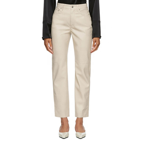 Pantalon d'hiver décontracté en cuir véritable pour femme, coupe large, taille mi-haute, devant plat, marron, avec détails en dentelle - Product Image 5