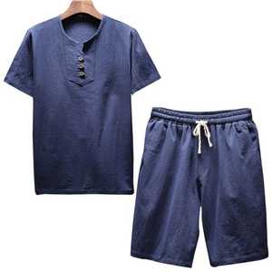 Conjunto de Camiseta Henley y Pantalones Cortos de Algodón Azul Marino para Hombre, Ropa Casual Transpirable para Verano - Product Image 1