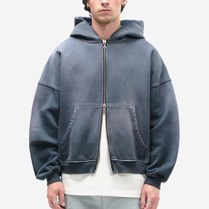 Custom Lightweight French Terry Cotton Cut <b>Raw</b> Hem Cropped Vintage Acid Wash Sun Faded Blank Zip Up Baggy Hoodie - Product Image 3