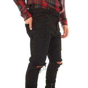 Jeans en denim noir et bleu déchirés à trous, coupe droite, tricotés, délavés moyennement, pour hommes, design de mode personnalisé, été - Product Image 2
