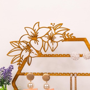 Wooden Hexagon Jewelry Organizer With Floral Design Boho Style <b>Table</b> Top Display Stand For Earrings And Accessories - Product Image 4