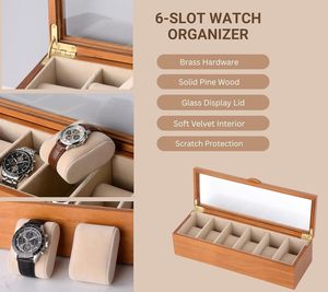 Home <b>Watch</b> Box for Men Women 6 Slot Wooden <b>Watch</b> Display <b>Case</b> with Glass Lid Vintage Style <b>Watch</b> Holder Organizer Valentine Gift - Product Image 5