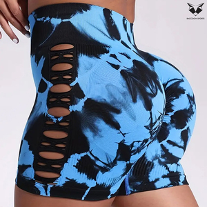 Nouveau produit 2026 Short de sport et fitness en nylon tie-dye bleu noir uni, haute élasticité, avec design rehausseur de fessiers - Product Image 2