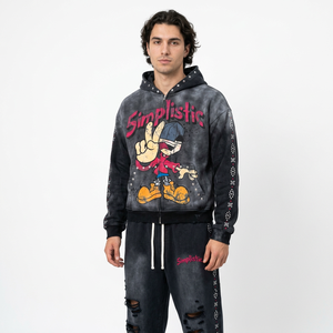 Simplistic Mens Mickey Mouse Printed Split Hem Hooded 100% Cotton Tracksuit Full Length Zipper Front Streetwear Loose Fit - Product Image 5