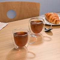 Ensemble de tasses à thé classiques en verre à double paroi de 400 ml, 2 tasses à café transparentes, design minimaliste, réutilisables, adaptées aux aliments, lavables au lave-vaisselle, avec logo