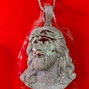 <b>Iced</b> <b>Out</b> Jesus Face Pendant Necklace Silver Plated Cubic Zirconia Pave Setting Men's Religious Hip Hop Style Rope <b>Chain</b> Jewelry - Product Image 1
