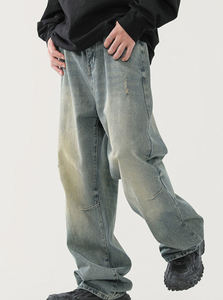 Jeans cargo en denim taille haute coupe classique de haute qualité pour hommes - 100 % coton, style streetwear et vintage délavé à l'acide - Product Image 2