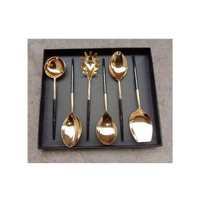 Juego de Cucharas de Servir de Acero Inoxidable Dorado de Lujo, con Borde Recto y Seis Piezas, con Mangos Negros para Ensaladas y Postres, en Caja de Regalo - Product Image 1