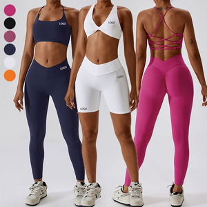 <b>Women</b> <b>Orange</b> 2 Piece Yoga Set High Waist Seamless Full Length Leggings Crisscross Back Sports Bra Twist Design Solid Color - Product Image 6
