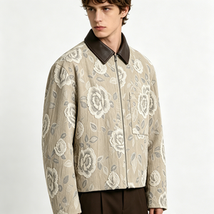 Men's Floral Embroidered Shirt <b>Jacket</b> With Leather Collar Regular Fit <b>Smart</b> Casual Autumn Style Linen Cotton Blend - Product Image 5