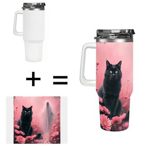 Gobelet isotherme personnalisé en acier inoxydable de 40 oz avec motif chat et fleurs pour les amoureux des animaux – Tasse de voyage - Product Image 1