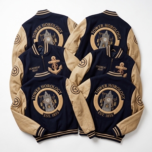 Blouson universitaire personnalisé OEM en laine avec manches en cuir, broderie horlogère, patch Deadbeat Escapement, manteau bleu marine - Product Image 1