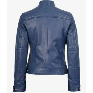 Veste de moto en cuir véritable bleu pour femme, col montant, fermeture éclair, coupe ajustée, style motard avec plusieurs poches - Product Image 3