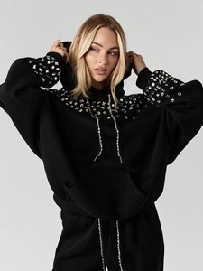 Black Sequined Bomber <b>Jacket</b> 100% Cotton Anti-Pilling Zipper Closure Loose Fit Winter Unisex with <b>Rhinestone</b> Embellishment - Product Image 6