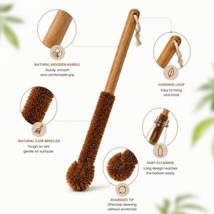 Cepillo de limpieza con mango de madera y cerdas de coco, mango largo de 27 cm, impermeable, portátil, para limpieza del hogar, con lazo para colgar, para limpiar botellas - Product Image 4