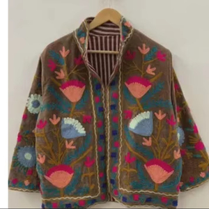 Bohemian Floral Embroidered Velvet Jacket Windproof and Breathable Suzani Overcoat Winter Knitted Short <b>Coat</b> - Product Image 1