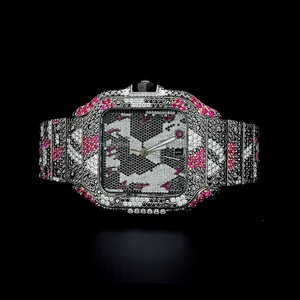 Reloj de acero inoxidable con incrustaciones de moissanita multicolor, completamente cubierto de moissanita, con cristal de zafiro y movimiento de cuarzo. - Product Image 1