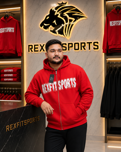 REXFITSPORTS 2026 Sudadera con capucha y cremallera completa personalizada con gráfico rojo, unisex, de forro polar, estilo urbano, con estampado frontal grande, privado - Product Image 3