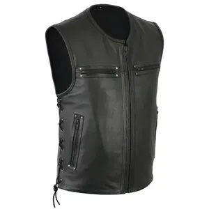 Gilet sans manches en cuir véritable pour homme, col en V, fermeture éclair sur le devant, style motard, couleur unie, automne - Product Image 2