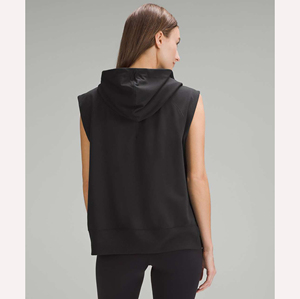 Sweat-shirt à capuche sans manches, couleur unie, avec poche, en molleton bouclette, coupe décontractée, unisexe, noir, pour l'été, anti-boulochage - Product Image 3