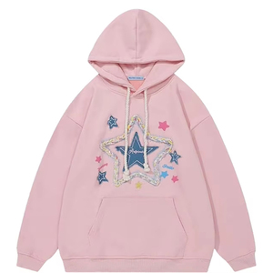 <b>Pink</b> Hooded <b>Sweatshirt</b> With Floral Embroidery On Sleeves Oversized Fit Casual Wear Knitted Cotton Unisex Autumn Style - Product Image 2