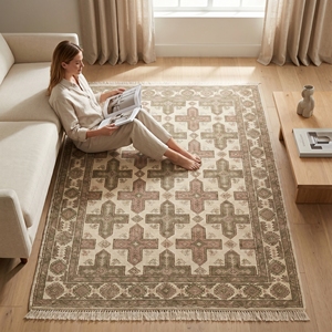 Alfombra Artesanal con Patrón Tribal Cruzado, Alfombra Geométrica Vintage de Lana - Product Image 4