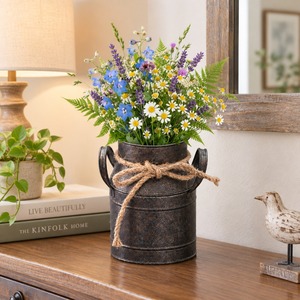 Rustic Dark Metal Flower Pitcher Vase Vintage Rustic Galvanized <b>Jug</b> Table Centerpiece Decor with Jute Bow and <b>White</b> Blooms - Product Image 2