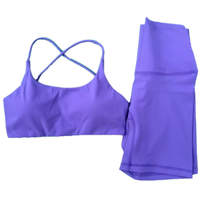 Women's Solid Navy <b>Blue</b> 2-Piece Yoga Set Criss-Cross Sports <b>Bra</b> Pocket Leggings Breathable Knitted Polyester Knee-Length All - Product Image 2