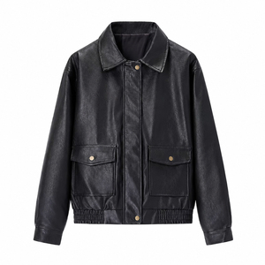 Custom <b>Women's</b> PU Leather <b>Jacket</b> Cropped Bomber Coat Snap Button Flap Pocket Elastic Hem Wholesale - Product Image 2