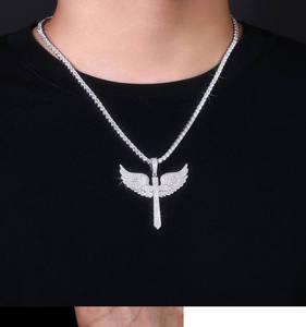 Pendentif Croix Ange Hip Hop Unisexe en Argent Sterling 925 avec Diamant Moissanite Rond, Bijou Religieux Élégant, Cadeau Charmant - Product Image 1