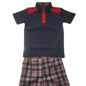 Conjunto de uniforme escolar de alta calidad para niños Pantalones cortos de cuadros de colores variados y camiseta azul marino - Product Image 1