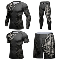Ensemble Rash Guard 4 Pièces Personnalisé pour Homme : Maillot de Compression, Leggings et Short MMA BJJ avec Motif Dragon – Tenue d'Entraînement