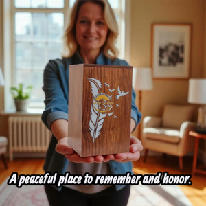 Urne funéraire artisanale en bois naturel avec motif de feuilles découpées et vague blanche, fabriquée à la main par AYAANS - Product Image 3