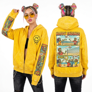 เสื้อฮู้ดซิปสีเหลืองลายกราฟิกหนังสือการ์ตูนซอมบี้ โลโก้หน้าละลาย สไตล์วินเทจ สีซีดจางแบบซันเฟด - Product Image 1