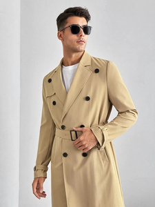 Manteau trench-coat kaki croisé pour homme, à revers crantés, ceinturé, longueur genou, manches classiques, en laine et polyester - Product Image 4