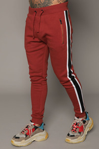 Men's <b>Red</b> Zip-Up <b>Hoodie</b> Sweatshirt Set With Black White Side Stripes Slim Fit Casual Autumn Wear Knitted Cotton French Terry - Product Image 3