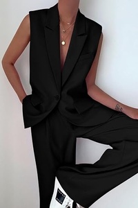 Women Sleeveless <b>Blazer</b> <b>Set</b> Solid Color Woven Fabric Notched Collar Button Front Regular Fit All Seasons Formal Two Piece Suit - Product Image 5