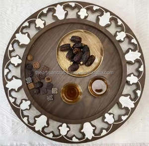 Plateau de service à dessert en bois d'acacia de luxe Style arabe vadrouille incrustée de nacre - Product Image 2