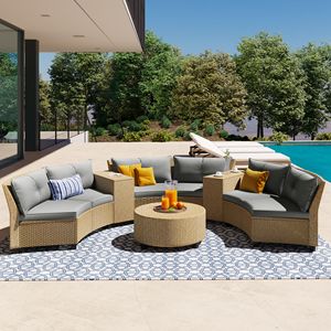 Set da Giardino a Forma di Ventaglio per 6 Persone in Rattan con Cuscini e Tavolo, Video Incluso - Product Image 2