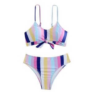 Conjunto de bikini bandeau a rayas para mujer con logo frontal, parte inferior de cintura alta, talla grande, traje de baño elástico de dos piezas - Product Image 4