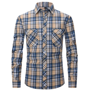 Camisa de esmoquin de franela a cuadros de manga larga para hombre, de poliéster/algodón, transpirable, de corte regular, tallas S-2XL, doble botonadura, ideal para primavera. - Product Image 1