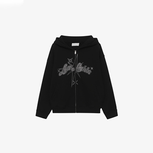 Black Hooded Zip-Up Sweatshirt Rhinestone <b>Star</b> <b>Design</b> Oversized Fit Unisex Casual Autumn Wear Knitted Pullover Pakistan trending - Product Image 5