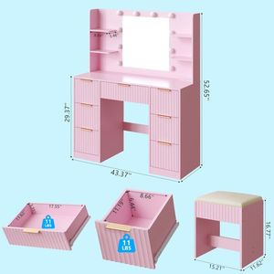 Toeletta con 7 cassetti e 4 ripiani in truciolato rosa, con 10 lampadine a tre tonalità e presa multipla a griglia - Product Image 3