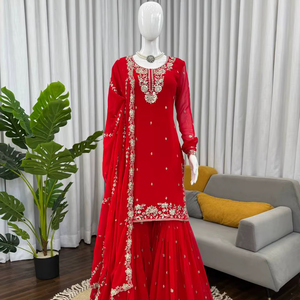 Sharara artisanal moderne ethnique en faux georgette lourde et fluide, orné de sequins, pour l'automne, les fêtes de remise de diplôme et les mariages, séchage rapide. - Product Image 1