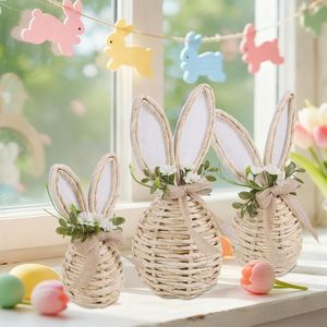 Set of 3 Neutral Easter Decor for Home Table Centerpieces Rattan Bunny with Flowers Easter Decorations - Product Image 5