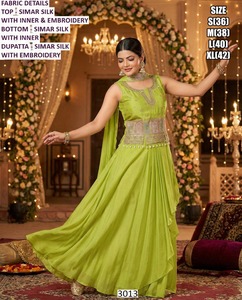 Ensemble Anarkali traditionnel en soie Simar brodée Pista Noor avec dupatta Bhandhani, longueur au sol, pour femmes, pour mariage, fête, toutes saisons - Product Image 1