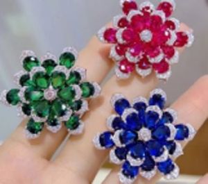 เครื่องประดับหรูหรา925เงินสเตอร์ลิงทับทิมลูกบาศก์เซอร์โคเนียแหวนดอกไม้ - Product Image 1