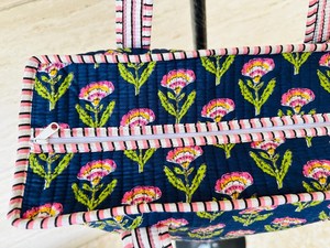 Bohemian Quilted Cotton Tote <b>Bag</b> <b>Navy</b> Floral Print Open Top Shoulder Handbag Lightweight Cotton Tote Vintage Floral Tote <b>Bag</b> - Product Image 2
