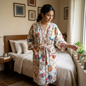 Robe kimono en coton pour femmes, à fleurs blanches, manches longues, col en V, longue robe de bain, vêtements de détente, robe de spa avec ceinture - Product Image 2